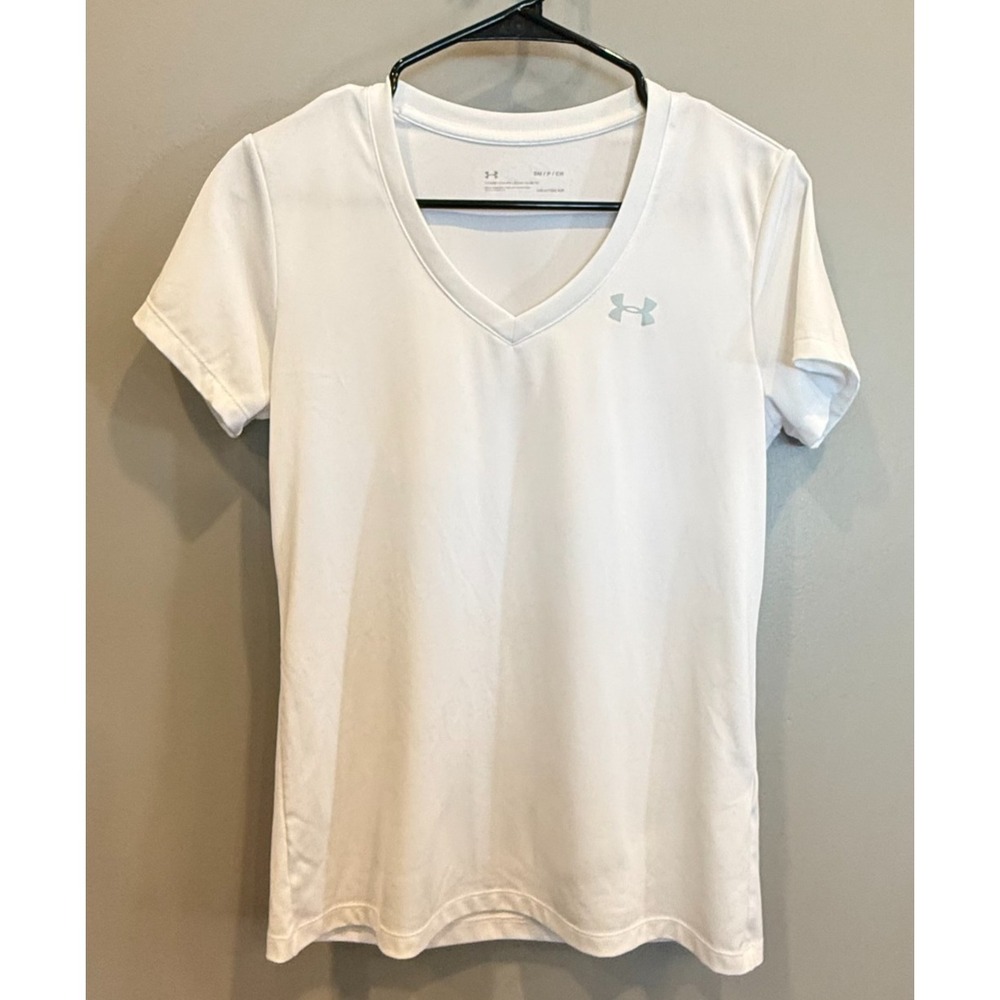Under Armour HeatGear White V-Neck Short Sleeve T-Shirt Women's Small Loose Fit